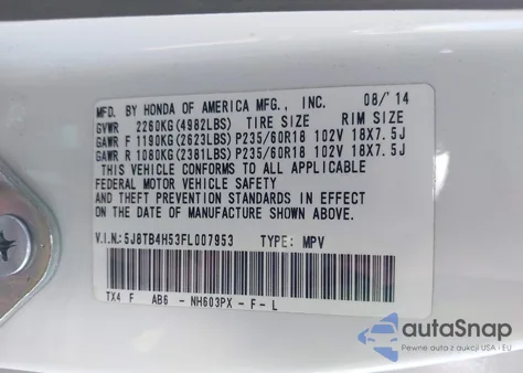 2015 Acura Rdx from USA, damaged, VIN 5J8TB4H53FL007953
